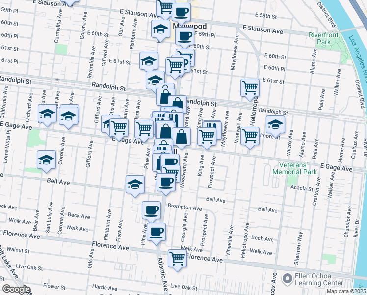 map of restaurants, bars, coffee shops, grocery stores, and more near Gage Ave & Woodward Ave in Bell