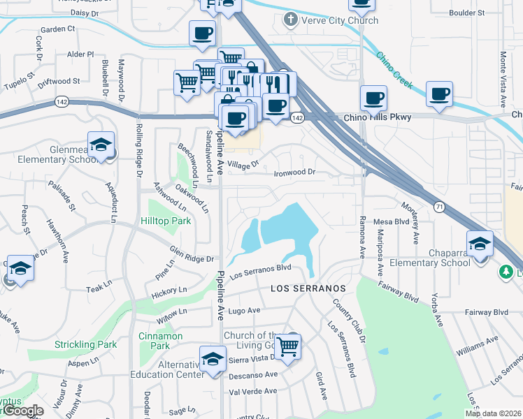 map of restaurants, bars, coffee shops, grocery stores, and more near 15111 Pipeline Avenue in Chino Hills