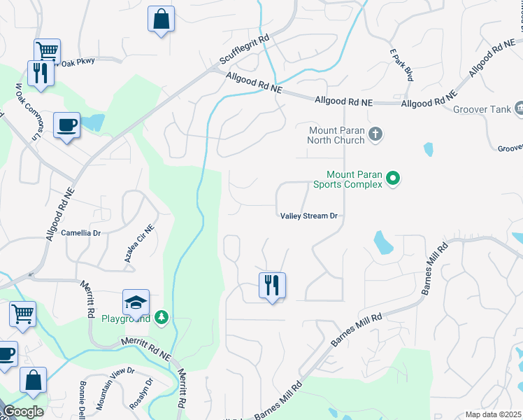 map of restaurants, bars, coffee shops, grocery stores, and more near 1496 Shadowrock Drive in Marietta