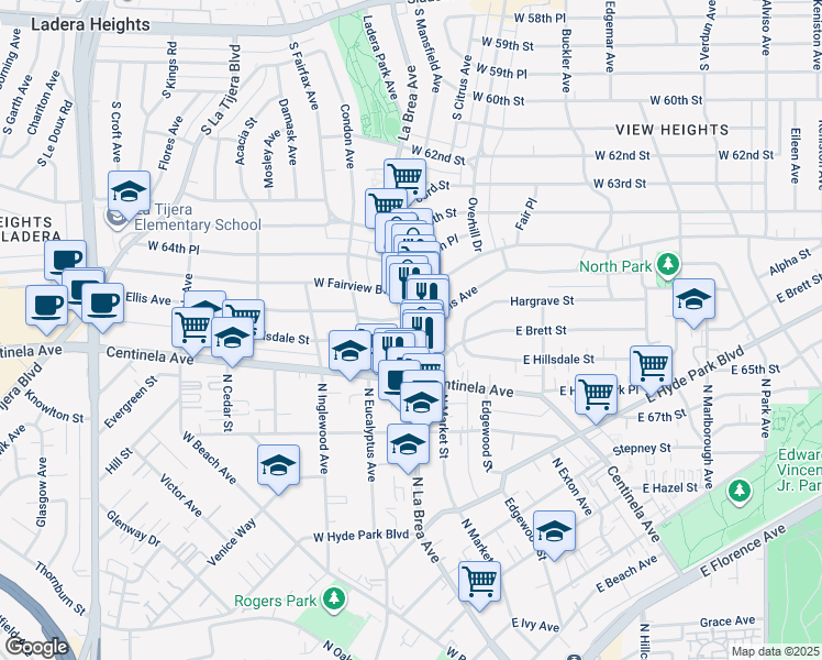 map of restaurants, bars, coffee shops, grocery stores, and more near 1123 North La Brea Avenue in Inglewood