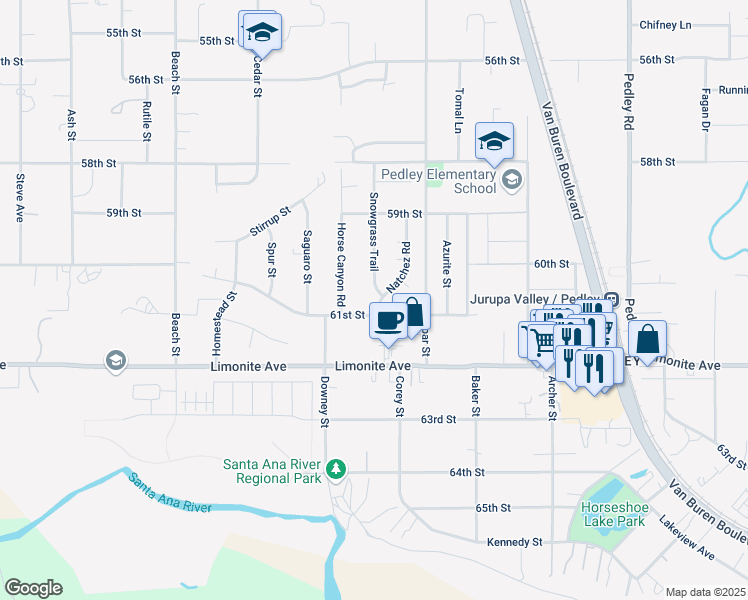 map of restaurants, bars, coffee shops, grocery stores, and more near 6061 Snowgrass Trail in Riverside