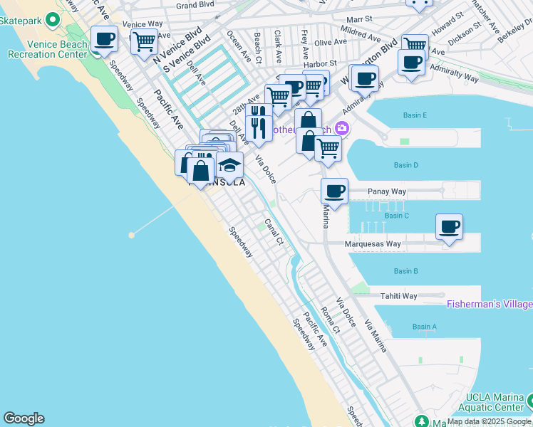 map of restaurants, bars, coffee shops, grocery stores, and more near 3501 Esplanade in Marina del Rey