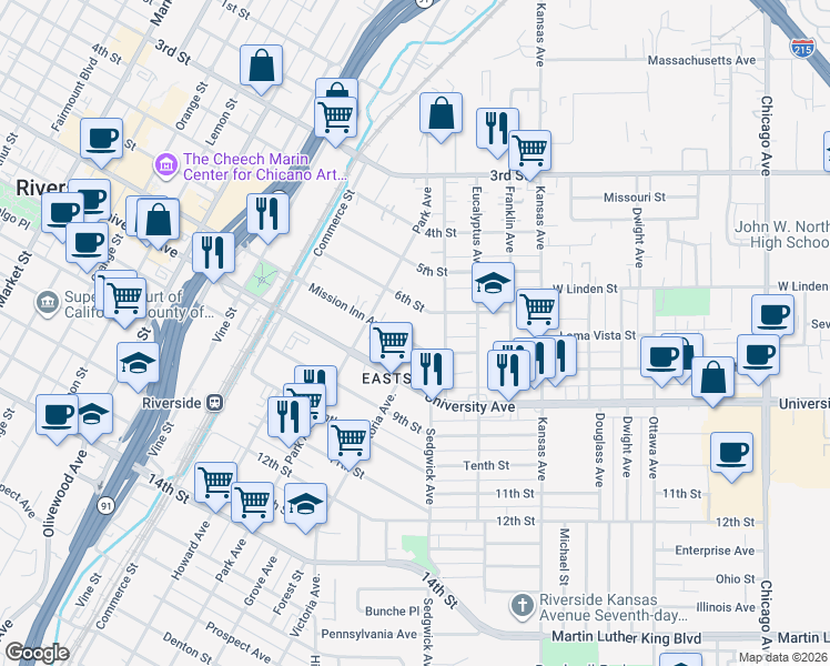 map of restaurants, bars, coffee shops, grocery stores, and more near 3643 Comer Avenue in Riverside
