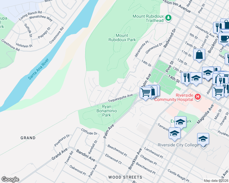 map of restaurants, bars, coffee shops, grocery stores, and more near 4671 Knickerbocker Lane in Riverside