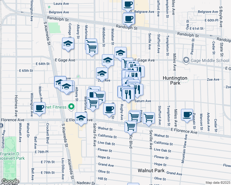 map of restaurants, bars, coffee shops, grocery stores, and more near in Huntington Park