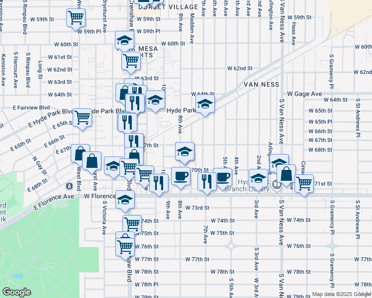 map of restaurants, bars, coffee shops, grocery stores, and more near 3018 West 67th Street in Los Angeles