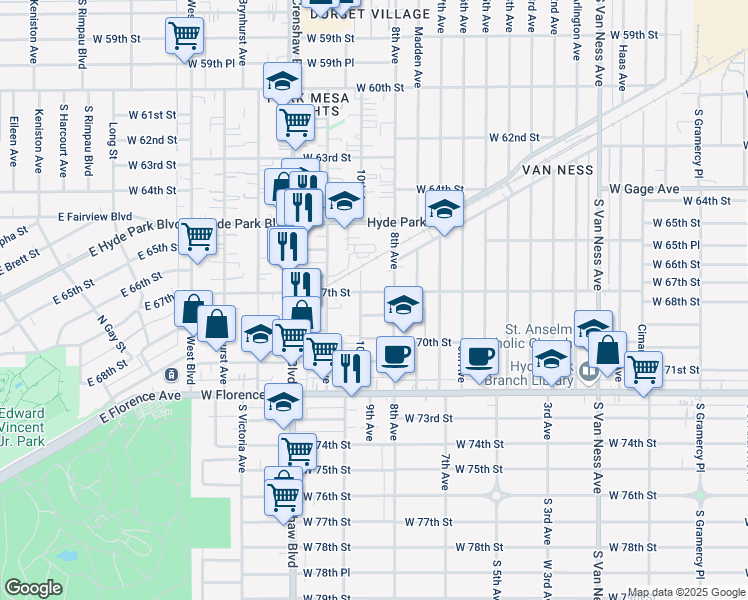 map of restaurants, bars, coffee shops, grocery stores, and more near 3126 West 67th Street in Los Angeles