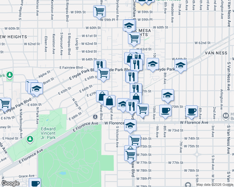 map of restaurants, bars, coffee shops, grocery stores, and more near 3488 West 67th Street in Los Angeles