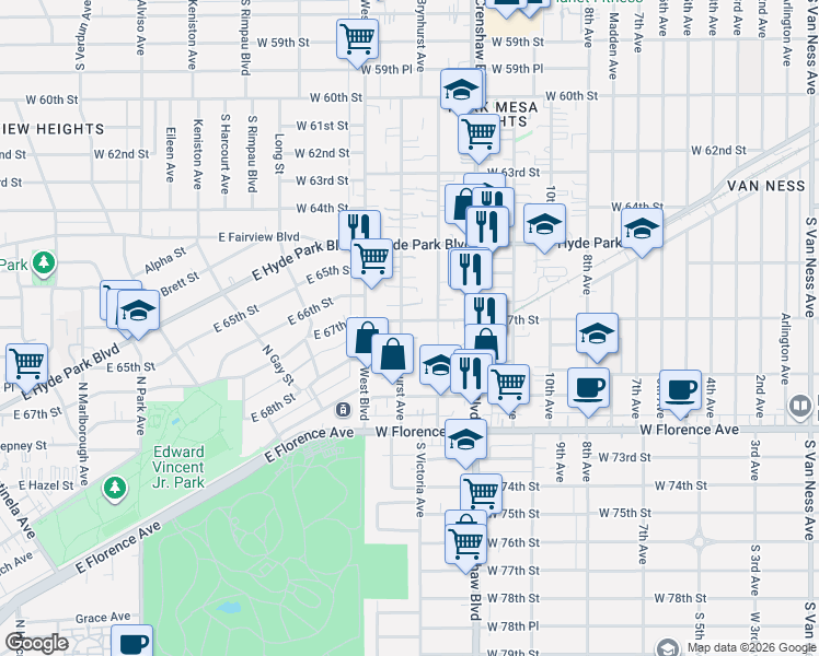 map of restaurants, bars, coffee shops, grocery stores, and more near 3488 West 67th Street in Los Angeles
