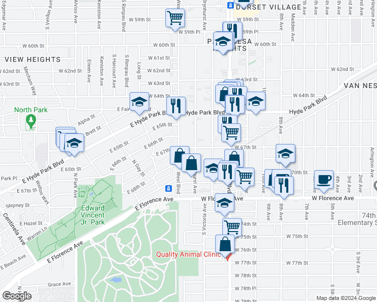 map of restaurants, bars, coffee shops, grocery stores, and more near 6700 West Boulevard in Los Angeles