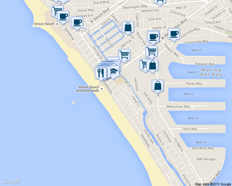 map of restaurants, bars, coffee shops, grocery stores, and more near 10 Speedway in Marina del Rey