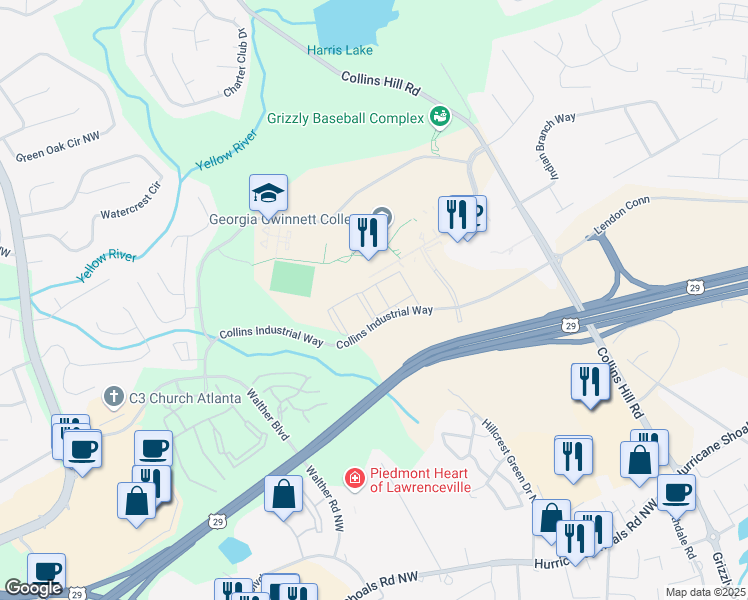 map of restaurants, bars, coffee shops, grocery stores, and more near 210 Collins Industrial Way in Lawrenceville