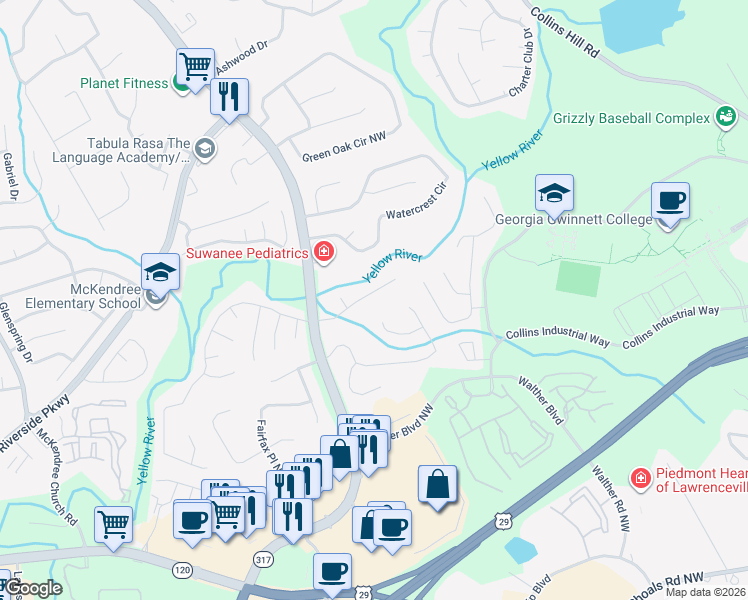 map of restaurants, bars, coffee shops, grocery stores, and more near 545 River Overlook Drive Northwest in Lawrenceville