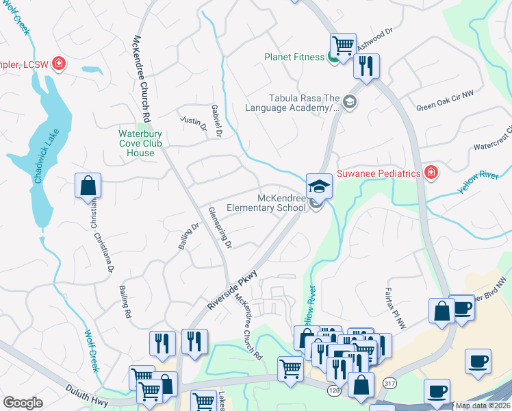 map of restaurants, bars, coffee shops, grocery stores, and more near 1359 Field Creek Terrace in Lawrenceville