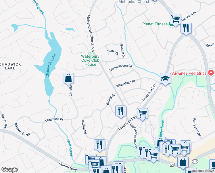 map of restaurants, bars, coffee shops, grocery stores, and more near 1480 Shady Cove Lane in Lawrenceville
