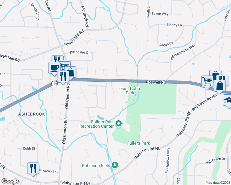 map of restaurants, bars, coffee shops, grocery stores, and more near 1182 Manor Crest Court Northeast in Marietta