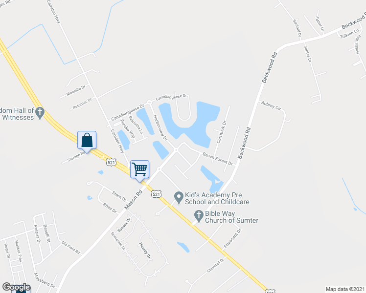 map of restaurants, bars, coffee shops, grocery stores, and more near 2240 Beach Forest Drive in Sumter