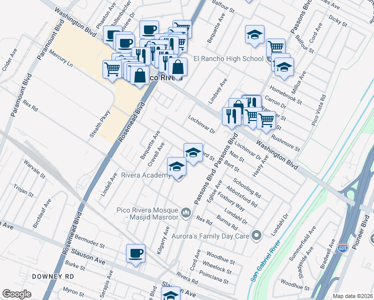 map of restaurants, bars, coffee shops, grocery stores, and more near 9235 Danbridge Street in Pico Rivera