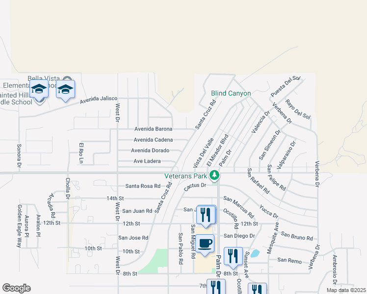 map of restaurants, bars, coffee shops, grocery stores, and more near 9751 Santa Cruz Road in Desert Hot Springs