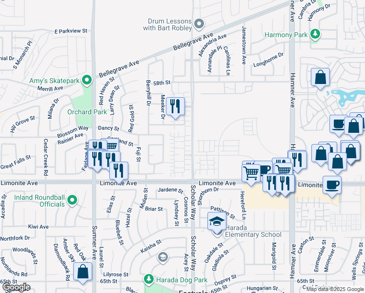 map of restaurants, bars, coffee shops, grocery stores, and more near 6048 Rosewood Way in Corona