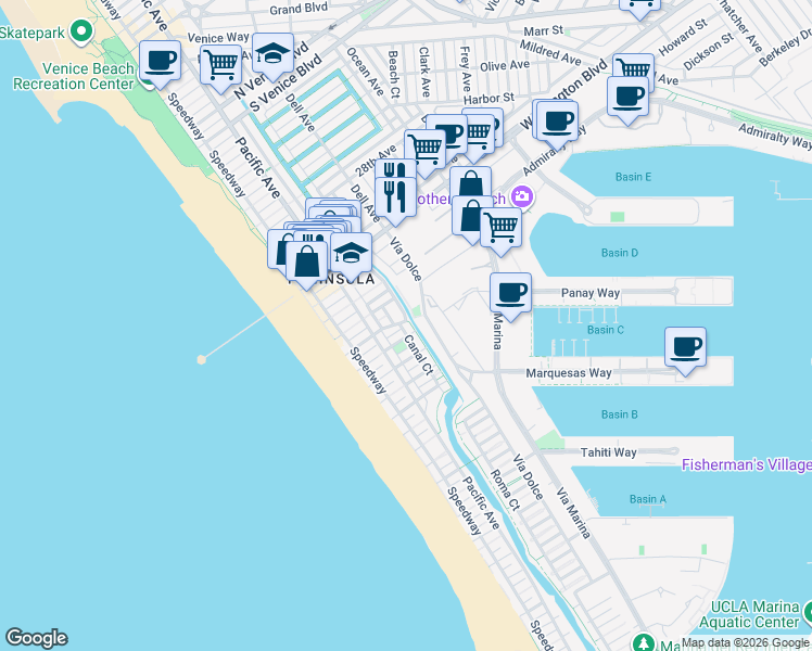 map of restaurants, bars, coffee shops, grocery stores, and more near 3501 Esplanade in Marina del Rey