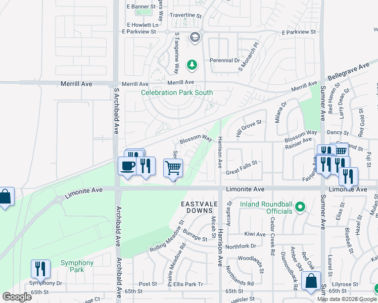 map of restaurants, bars, coffee shops, grocery stores, and more near 13969 Agua Clara Circle in Eastvale