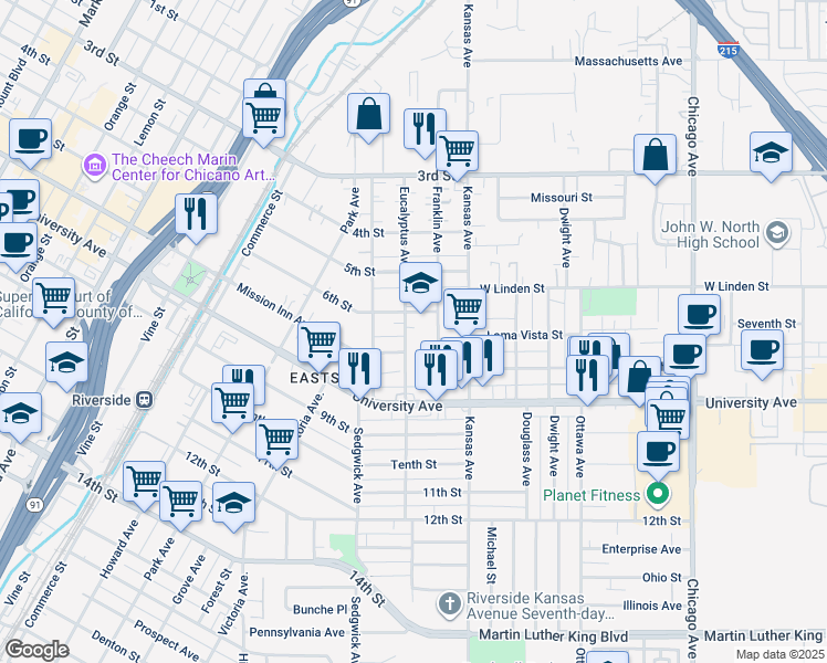 map of restaurants, bars, coffee shops, grocery stores, and more near 3610 Eucalyptus Avenue in Riverside