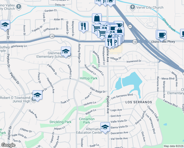 map of restaurants, bars, coffee shops, grocery stores, and more near 15142 Ashwood Lane in Chino Hills