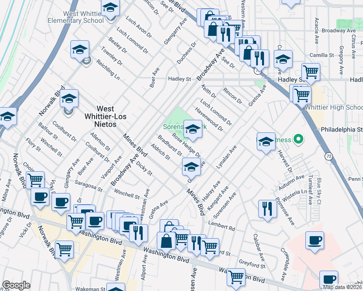 map of restaurants, bars, coffee shops, grocery stores, and more near 11472 Rose Hedge Drive in Whittier