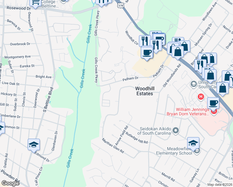 map of restaurants, bars, coffee shops, grocery stores, and more near 5817 Indian Mound Road in Columbia
