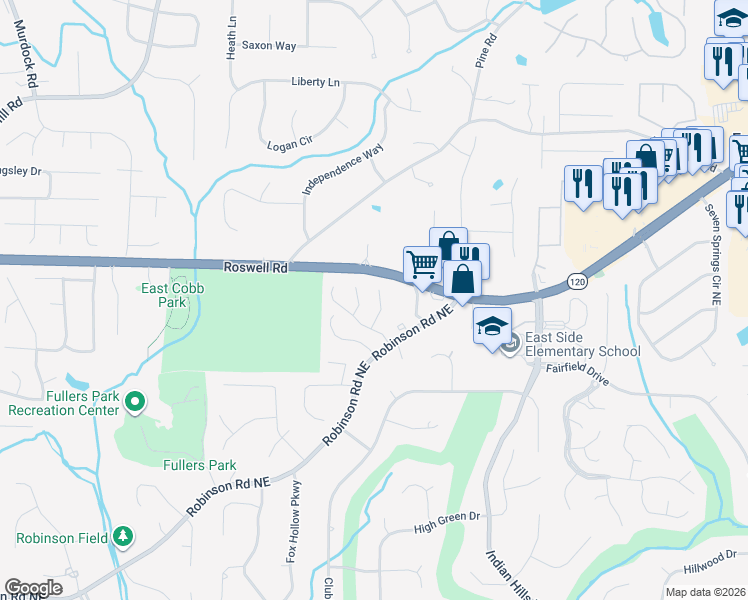 map of restaurants, bars, coffee shops, grocery stores, and more near 1111 Sadlers Close in Marietta