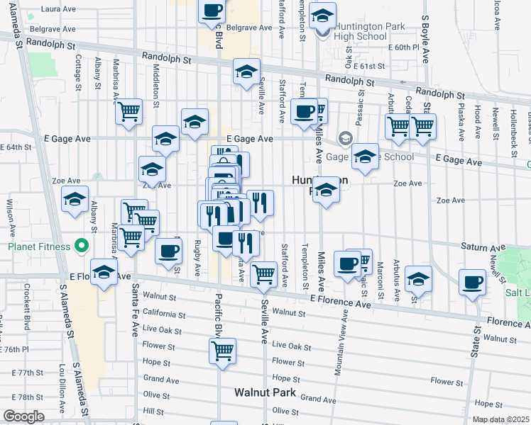 map of restaurants, bars, coffee shops, grocery stores, and more near 6760 Seville Avenue in Huntington Park