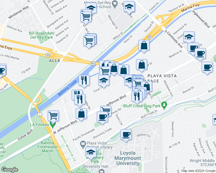 map of restaurants, bars, coffee shops, grocery stores, and more near 5400 Beethoven Street in Los Angeles