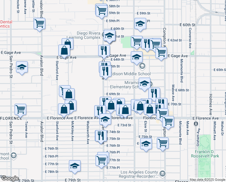 map of restaurants, bars, coffee shops, grocery stores, and more near 1143 3/4 East 69th Street in Los Angeles