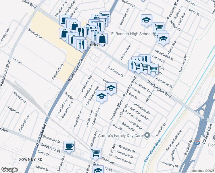 map of restaurants, bars, coffee shops, grocery stores, and more near 9235 Danbridge Street in Pico Rivera