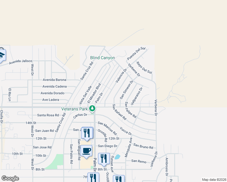 map of restaurants, bars, coffee shops, grocery stores, and more near 9724 Valencia Drive in Desert Hot Springs