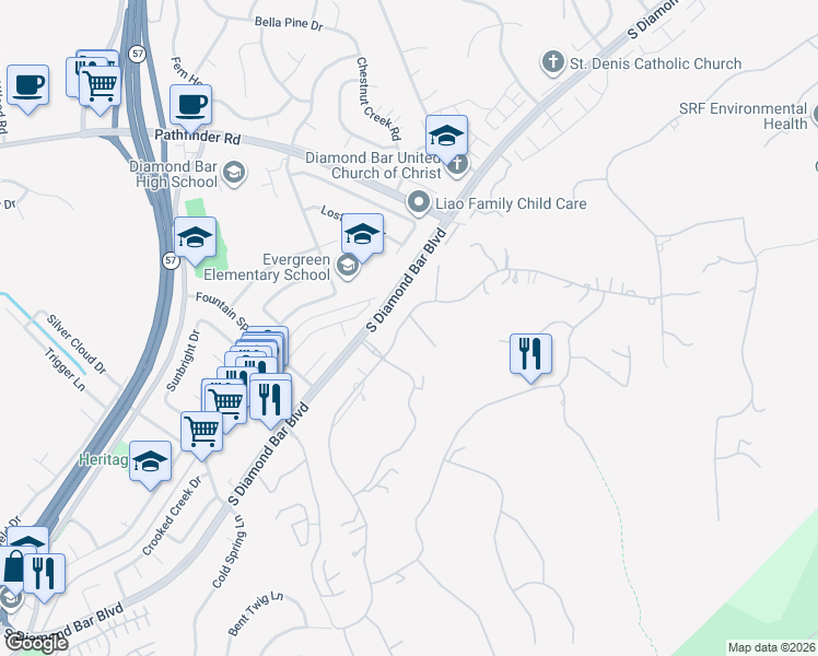 map of restaurants, bars, coffee shops, grocery stores, and more near 2600 Steeplechase Lane in Diamond Bar