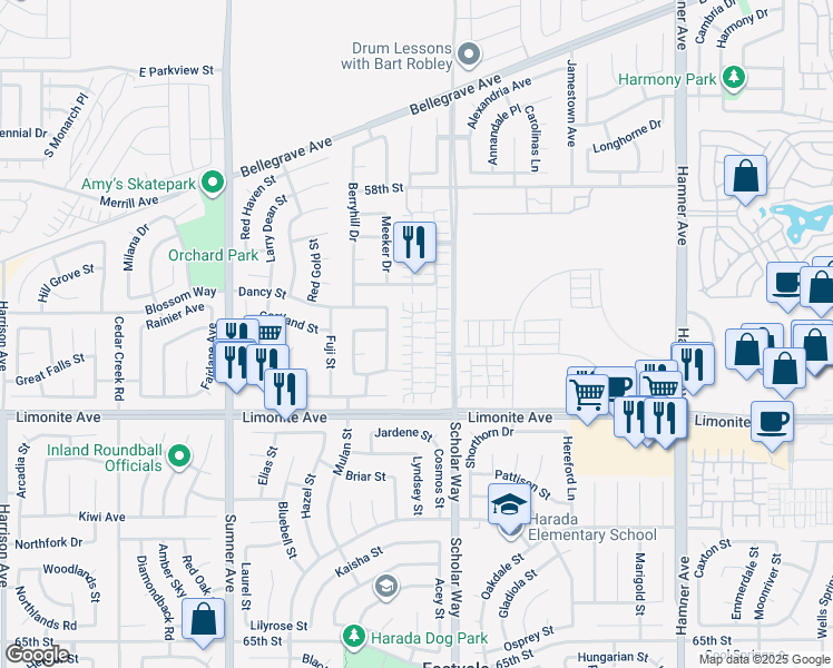 map of restaurants, bars, coffee shops, grocery stores, and more near 6048 Rosewood Way in Corona