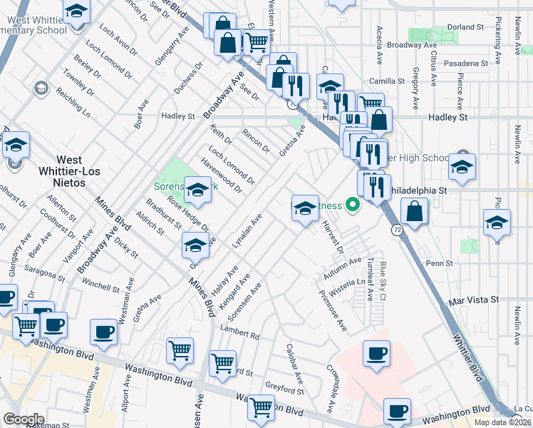 map of restaurants, bars, coffee shops, grocery stores, and more near 7102 Lynalan Avenue in Whittier