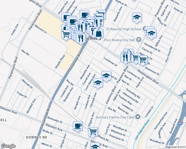 map of restaurants, bars, coffee shops, grocery stores, and more near 7219 Loch Alene Avenue in Pico Rivera