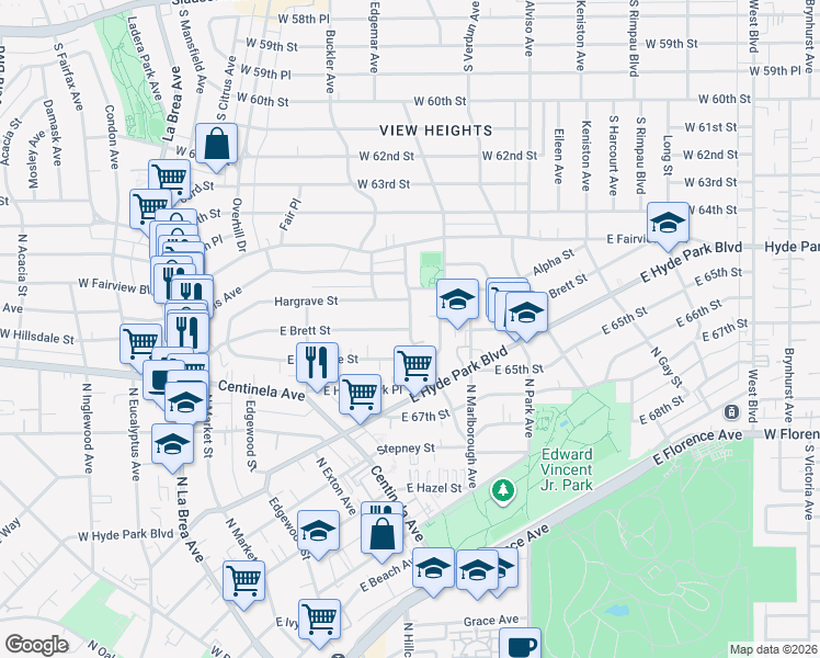 map of restaurants, bars, coffee shops, grocery stores, and more near East Brett Street in Inglewood