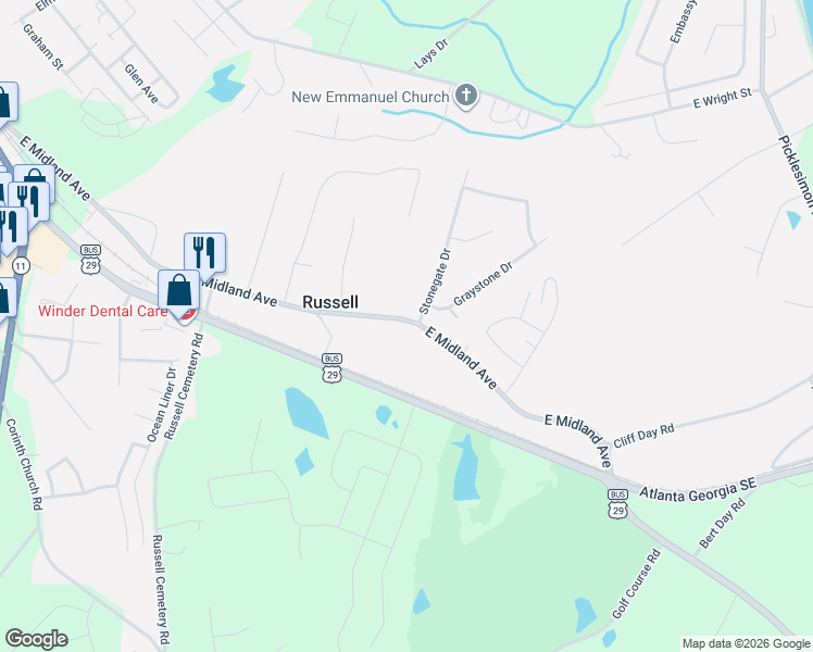 map of restaurants, bars, coffee shops, grocery stores, and more near 421 East Midland Avenue in Winder