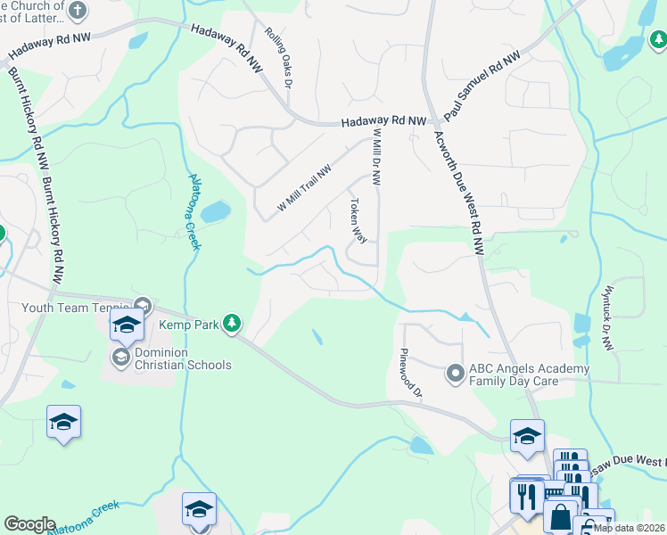 map of restaurants, bars, coffee shops, grocery stores, and more near 926 West Mill Trce Northwest in Kennesaw