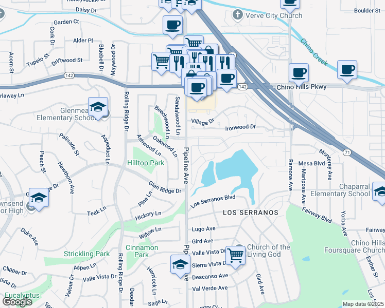 map of restaurants, bars, coffee shops, grocery stores, and more near 15111 Pipeline Avenue in Chino Hills