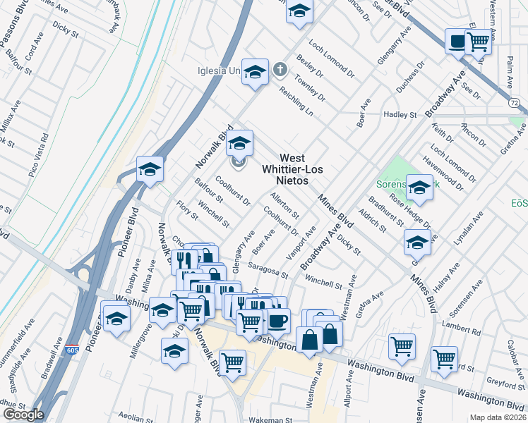 map of restaurants, bars, coffee shops, grocery stores, and more near 7503 Glengarry Avenue in Whittier