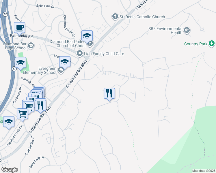 map of restaurants, bars, coffee shops, grocery stores, and more near 22127 Rim Fire Lane in Diamond Bar