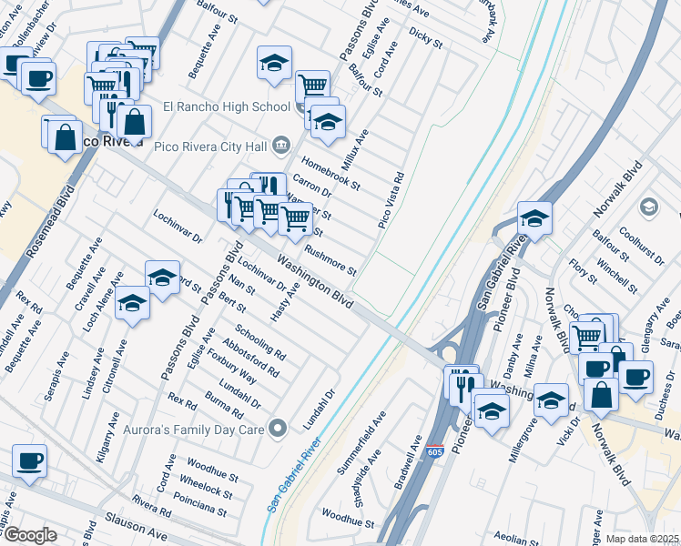 map of restaurants, bars, coffee shops, grocery stores, and more near 9650 Rushmore Street in Pico Rivera