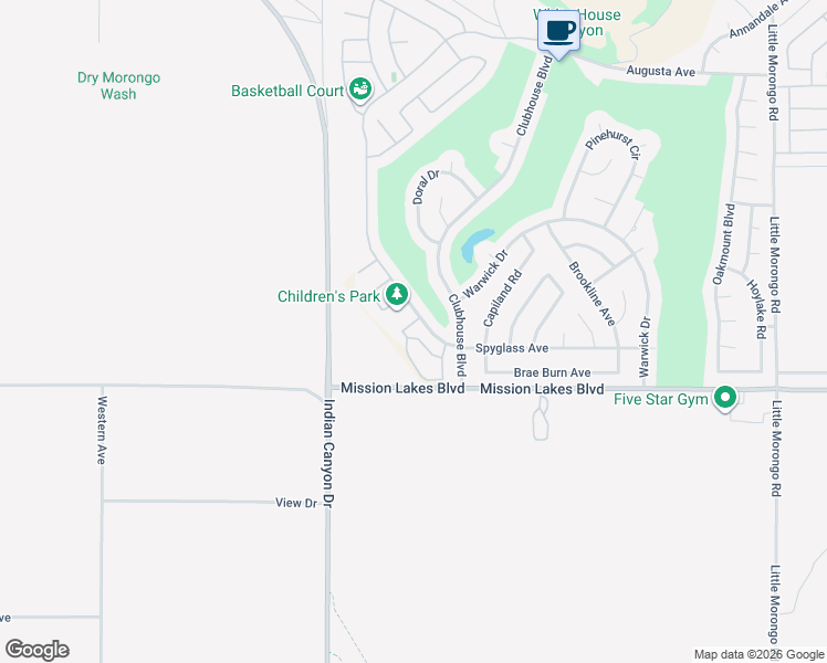 map of restaurants, bars, coffee shops, grocery stores, and more near 9668 Spyglass Avenue in Desert Hot Springs