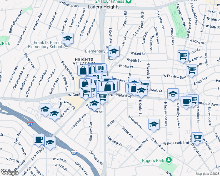map of restaurants, bars, coffee shops, grocery stores, and more near 620 West Hillsdale Street in Inglewood