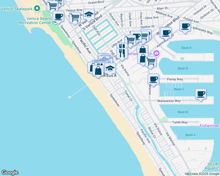 map of restaurants, bars, coffee shops, grocery stores, and more near 10 Speedway in Marina del Rey